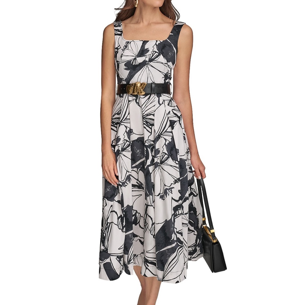 Donna Karen Floral Square Neck Midi Dress (Size 2)